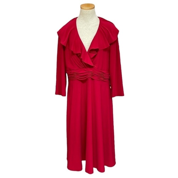 Evan-Picone Dress Women's 14 Red Long Sleeve A-Line Midi V-Neck Ruffles - Picture 3 of 16